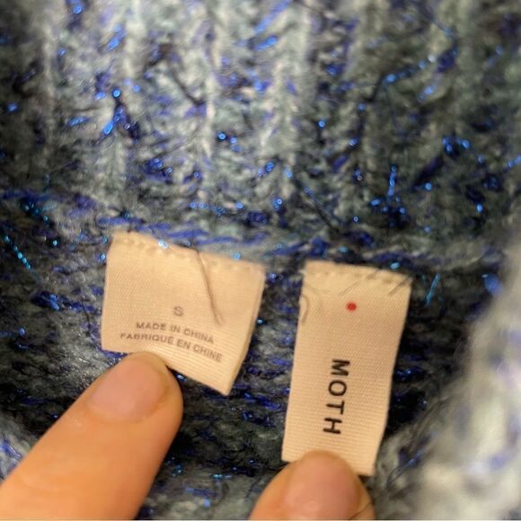 Moth | Anthropologie Blue with Blue Sparkle Mock Neck Sweater with Ribbon Ties - Picture 7 of 8